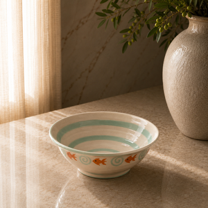Contemporary Handcrafted Ceramic Pasta Bowl Coastal Fish Motif Smooth Spiral Glaze for Artistic <b>Tabletop</b> Presentation - Product Image 1