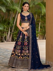 Navy Blue A-Line Floor-Length Embroidered <b>Lehenga</b> Choli with Floral Print and Organza Dupatta for Bridesmaid Wear - Product Image 1