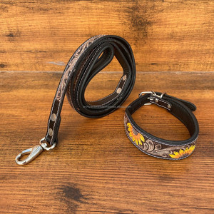Laisse de chien en cuir repoussé à la main et collier de chien en cuir repoussé de tournesol ensemble Laisse de chien Durable de style occidental Laisse de chien personnalisée - Product Image 2