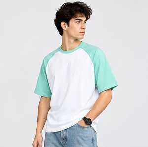 Camiseta de Hombre con Bloques de Color, Manga Raglán, Cuello Redondo, Corte Regular, Casual, 100% Algodón, Blanco Sólido con Ribete en Verde Menta, Transpirable - Product Image 5