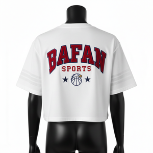 Camiseta corta de algodón personalizada para mujer, blanca, azul marino, con apliques bordados, logotipo, estilo urbano, camiseta corta de algodón para mujer - Product Image 2