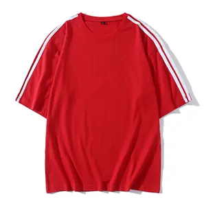 เสื้อยืดผ้าฝ้ายของผู้ชายเสื้อยืดลายทางสีพื้นไม่มีลายเปิดไหล่แบบลำลองฮิปฮอป100% - Product Image 2