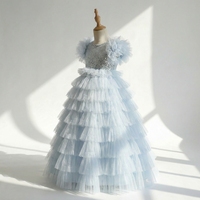 Nouvelle Robe de Bal Superposée Chic Bleue à Paillettes pour Filles, Robe de Demoiselle d'Honneur de Luxe pour Mariage d'Été, Écologique, Respirante, à Manches Bouffantes