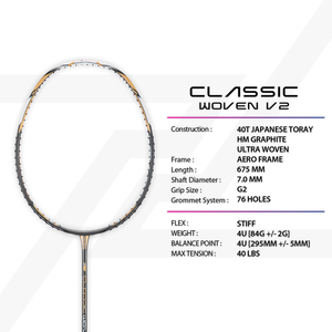 Raqueta de Bádminton PROTECH CLASSIC WOVEN V2 (4UG2) (Máx. 40 Libras) (Nivel Profesional) con Empuñadura de PU y Marco Ultra Tejido - Product Image 6