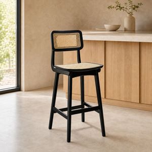 Mid-Century Modern Rattan Counter <b>Stool</b> with Wooden Chair Legs, Black Frame, Cane Seat and Back for Kitchen Island Home Bar Use - Product Image 3
