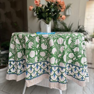 Bohemian Green Floral Hand Block Print Round <b>Tablecloth</b>, Waterproof Cotton Custom Logo Table Cloth for <b>Wedding</b> Restaurant Picnic - Product Image 2