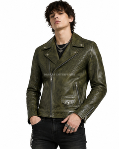 Chaqueta de Cuero Verde Oliva Personalizada al por Mayor para Hombre, Estilo Motero, con Gráfico de Medusa, Estampado Punk Rock, Chaqueta Moto con Medallón Grabado, Prenda Exterior - Product Image 6