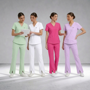 Ensemble d'uniformes médicaux unisexes 2026 en polyester/spandex, col en V extensible, pantalon évasé, pour médecins et infirmières, usage hospitalier, vente en gros, OEM - Product Image 1