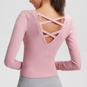 T-shirt de sport et de yoga à manches longues pour femmes grandes tailles, col rond, compression haute élasticité, séchage rapide, OEM, bretelles non ajustables - Product Image 3