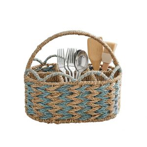 Woven <b>Paper</b> Rope Flatware Caddy with Overhead Handle, Utensil Holder with Scalloped Loop Rim & Chevron Weave - Product Image 1