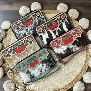 2026 Handcrafted Tooled Hair on Cowhide Leather Rfid Long Wallet <b>Purse</b> <b>Cute</b> Cherry Floral Multiple Card Organizer Women Clutches - Product Image 1