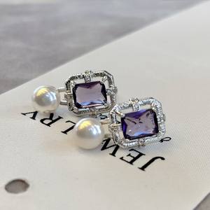 Boucles d'oreilles pendantes en argent pur de qualité supérieure, zircon violet rétro français, perle d'eau douce, nouvelle collection exquise de qualité supérieure - Product Image 3