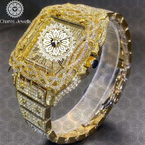 Montre de luxe rectangulaire dorée Charm_Jewells 38 mm à quartz analogique avec lunette sertie de diamants pour homme - Product Image 3