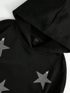 เสื้อฮู้ดผู้ชายสีดำทรงโอเวอร์ไซส์ ผ้าถักลายดาวประดับเพชร สไตล์ลำลองสำหรับฤดูใบไม้ร่วง แขนเสื้อปกติ ระบายอากาศได้ดี - Product Image 5
