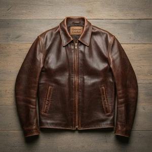 Men's Genuine <b>Leather</b> Canvas <b>Jacket</b> Turn-down Collar Workwear Style Olive Green Four Pockets Regular Fit Autumn <b>Winter</b> Washed - Product Image 1