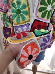 Women's <b>Crocheted</b> Patchwork <b>Cardigan</b> Full Sleeve Bohemian Style Medium Length O-Neck Colorful Floral Appliques Spring Wear - Product Image 5