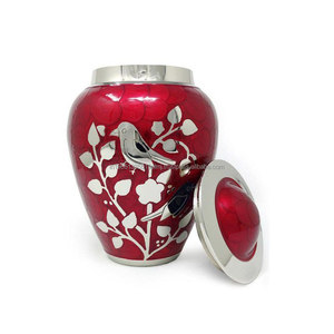 Urnas de Cremación de Metal de Latón de Alta Calidad con Grabado de Aves y Acabado de Esmalte Rojo Rosa, Urnas para Cenizas Humanas y Urnas de Recuerdo al por Mayor - Product Image 3