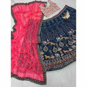 การออกแบบผ้าจอร์เจียเจ็ตผ้าไหมปักลายงานเย็บปักถักร้อย lehenga choli กับ dupatta rama - Product Image 6