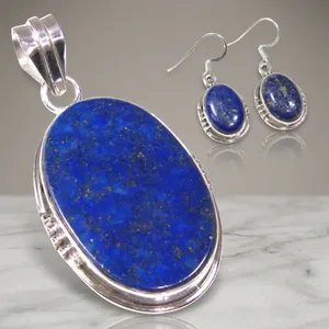 925 Sterling Silver Lapis Lazuli Jewelry Set Large Oval Pendant Earrings Blue Gemstone Bezel Setting Women's Jewelry Sets - Product Image 3