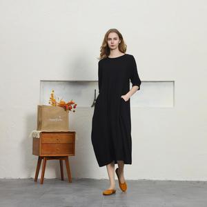 Robe maxi en coton et lin noir de qualité supérieure, col rond, coupe ample, manches 3/4, tenue décontractée d'été pour tous les jours - Product Image 5