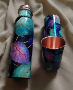 Leaf Printed Copper Water <b>Bottle</b> with Glass Designer Ayurvedic Drinking <b>Bottle</b> Reusable Copper <b>Flask</b> Set - Product Image 5