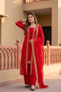 Designer Embroidery And Sequence Work Top With Faux Georgette <b>Shrug</b> And Bottom And Dupatta Fully Stitched Ready To Wear Set - Product Image 2
