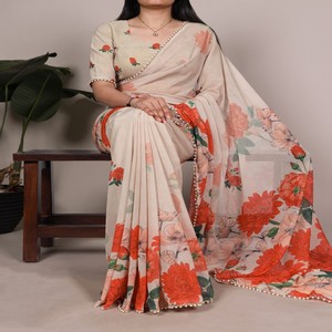 VASTRA COTTAGE Saree Marbal con Estampado Floral y Borde de Encaje de Perlas, Blusa sin Coser, Elegante Traje Étnico para Fiestas para Mujer - Product Image 4