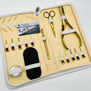 Kit d'outils pour extensions de cheveux en microperles plaquées or avec pinces à extensions, outil à boucle incurvée et ciseaux, logo personnalisé - Product Image 6