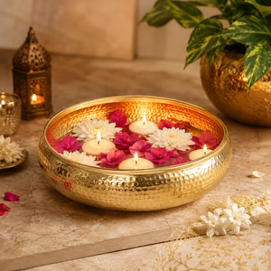 Handcrafted Hammered Golden Metal Urli Bowl Floating Candles Flowers Decorative Brass Finish <b>Tea</b> <b>Light</b> Holder Lid <b>Christmas</b> Home - Product Image 1