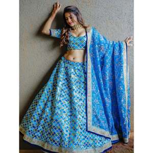 Blue <b>Sequins</b> <b>Art</b> Silk Wedding Lehenga Choli - Product Image 5
