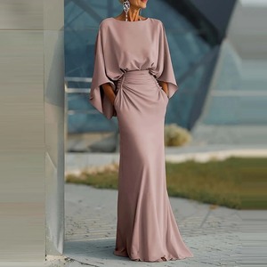 Vestido Largo de Fiesta Plisado de Cintura Alta con Cuello Redondo y Manga Murciélago, Elegante y Sexy con Bolsillos y Espalda Descubierta para Mujer - Product Image 5