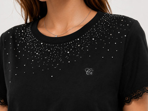 Chemisier décontracté asymétrique à ourlet fendu avec manches ornées de strass et dentelle scintillante – Haut d'été élégant en coton pour femme - Product Image 2