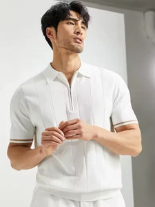 Polo de alta calidad para hombre, azul y blanco, con cremallera, corte ajustado, manga corta, diseño deportivo, moderno, informal, para verano. - Product Image 3