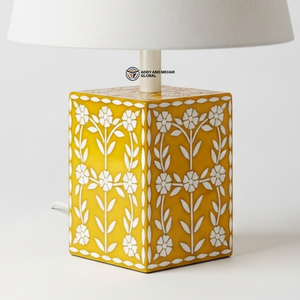 Yellow Bone Inlay <b>Bedside</b> Lamp | Elegant Round Base <b>Table</b> Lamp with Neutral Shade - Product Image 5