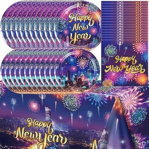 Set di Stoviglie per Festa di Capodanno 2025, 24 Piatti di Carta, Tovaglioli, Tovaglia con Design 'Felice Anno Nuovo' per Feste di Capodanno - Product Image 1