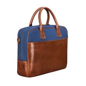 Porte-documents bicolore bleu toile et cuir marron pour homme – Sac de bureau premium pour ordinateur portable avec poignée supérieure – Commande en gros - Product Image 2