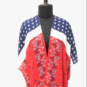 Cárdigan Patriótico Inspirado en la Bandera de EE. UU. con Estampado de Estrellas y Paisley, Vestido de Verano de Algodón Tejido Transparente, Vestidos de Silueta Versátil - Product Image 1