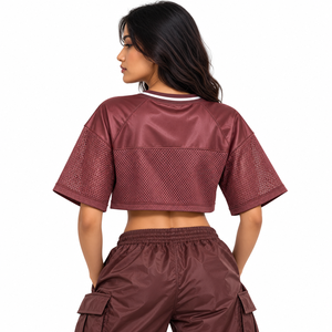 Trendy <b>Women's</b> <b>Burgundy</b> Cropped Mesh Football Jersey V Neck Streetwear <b>Top</b> Custom Number OEM Wholesale - Product Image 2