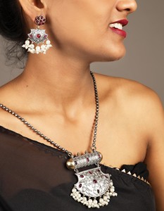 Oxidized Silver Statement Pendant <b>Necklace</b> <b>Set</b> with Red Ruby Color Stone & <b>Pearl</b> Drop Earrings for Women - Product Image 1