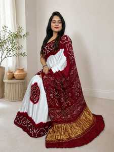 White <b>Red</b> Gajji Silk Bandhani <b>Saree</b> Traditional Bandhej <b>Saree</b> - Product Image 4