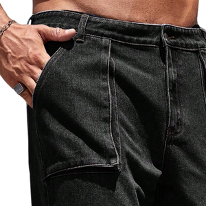 Jean cargo en denim noir uni délavé pour homme, coupe droite à jambe large, multi-poches, en coton, style décontracté, pantalon utilitaire classique - Product Image 3