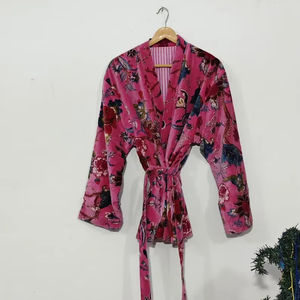 Robe Kimono Longue à Manches Longues en Coton Tissé Imprimé Floral Fait Main, Col en V, Séchage Rapide, pour Demoiselle d'Honneur - Product Image 1