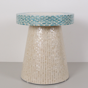 Blue Rim Tapered Pedestal Stools Mother of Pearl Handcrafted <b>Mosaic</b> Small Side Table For Living Room Bedroom Decor Use - Product Image 2