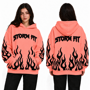 Sudadera con Capucha Extra Grande Personalizada para Mujer, Diseño de Llamas de Coral, Tejido de Algodón, Ecológica, Transpirable, Resistente al Viento, 360g - Product Image 1