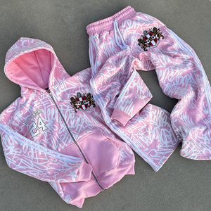 Ensemble de survêtement rose rayé imprimé sur toute la surface, 2 pièces, sweat-shirt à fermeture éclair et pantalon en coton pour femmes - Product Image 5