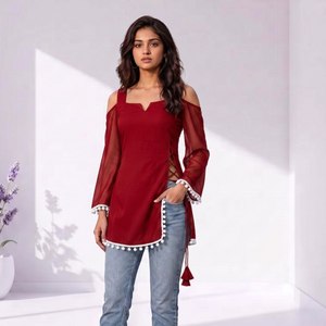 Premium Soft Georgette Off Shoulder Short Kurti With Pompom <b>Lace</b> Tassel Tie <b>Rope</b> Straight Cut Casual Party Wear Top - Product Image 1