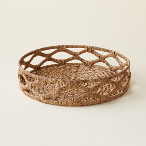 <b>Large</b> round shallow natural rattan <b>serving</b> <b>tray</b>, woven rim design with raised side handles, available at wholesale prices. - Product Image 5