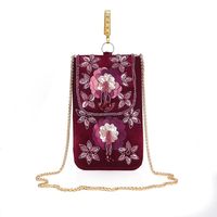 Dompet ponsel suede berhias manik-manik buatan tangan, tas kartu kredit, tas selempang bordir bunga, tas pesta malam beludru