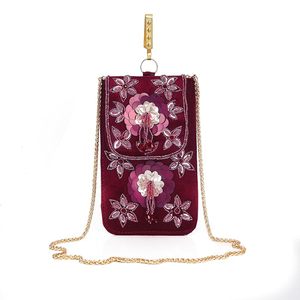Pochette portefeuille mobile en daim perlé fait main, broderie florale, sac à rabat pour cartes de crédit, sac à main de soirée en velours - Product Image 3
