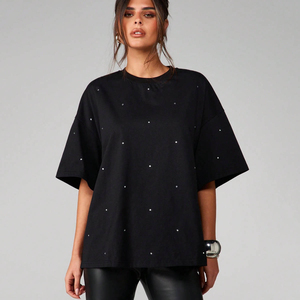 <b>Top</b> Selling OEM Custom Design Logo Black <b>Rhinestone</b> Crystal Women T-Shirt Cotton Blend Breathable Streetwear T Shirts For Women - Product Image 1